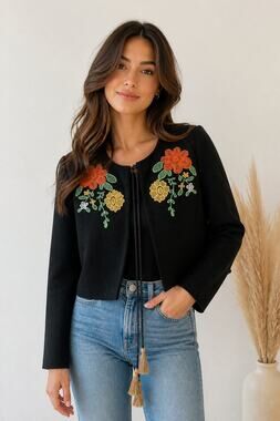 Global Colours Women's Black Embroidered Wool Blend Tie Front Jacket S